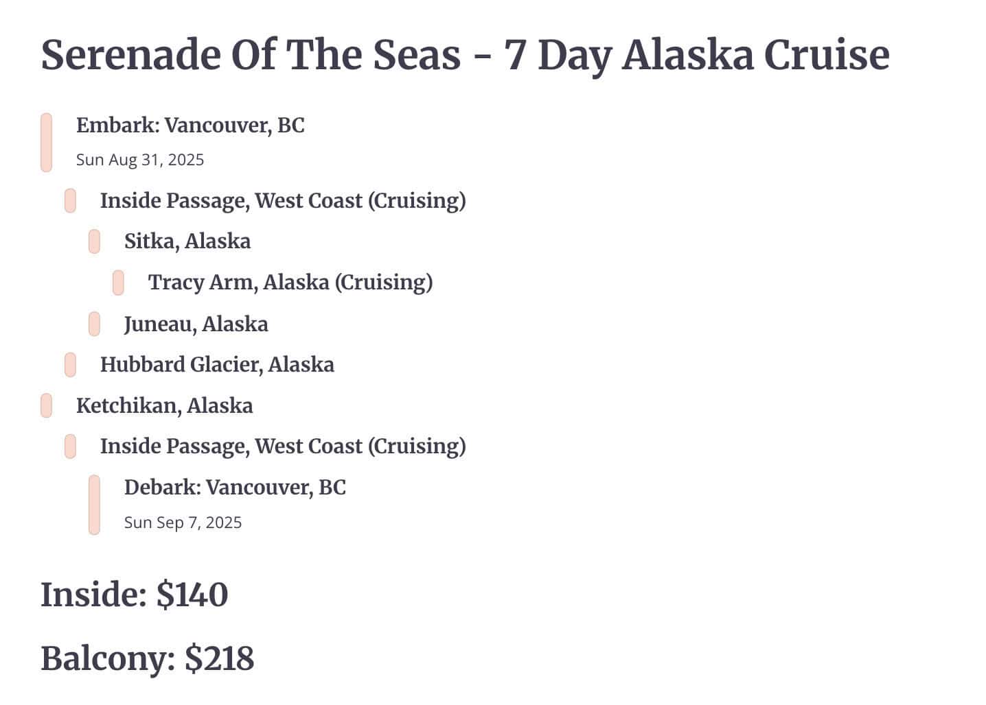 Serenade of the Seas 7-day Alaska cruise itinerary - a great summer 2025 cruise deal